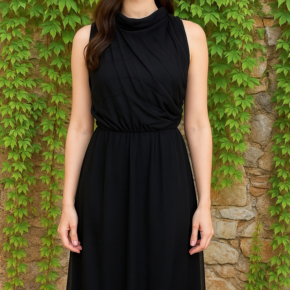 ZAC POSEN Designer Draped Mock Neck Sleeveless Quiet Luxury Black Silk Dress, 6